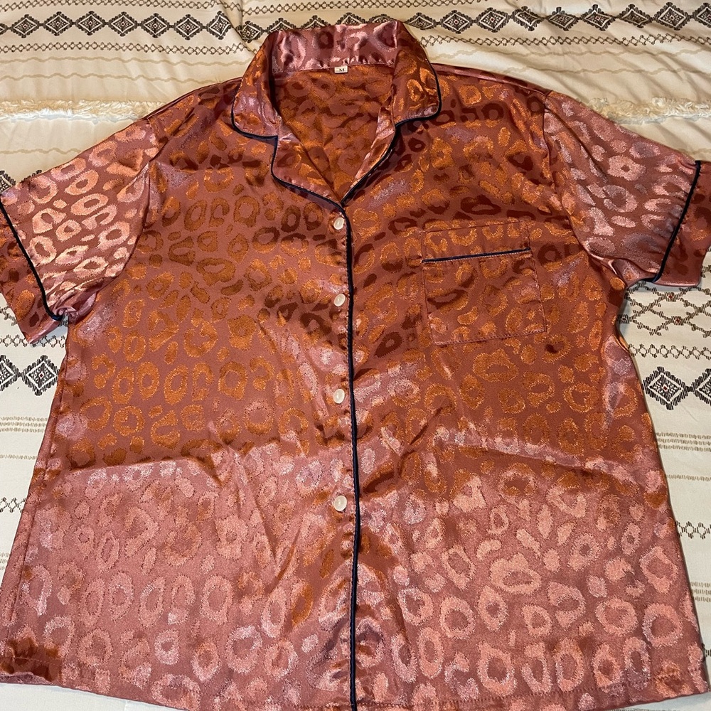 Leopard Print Satin Pajama Top and bottoms.